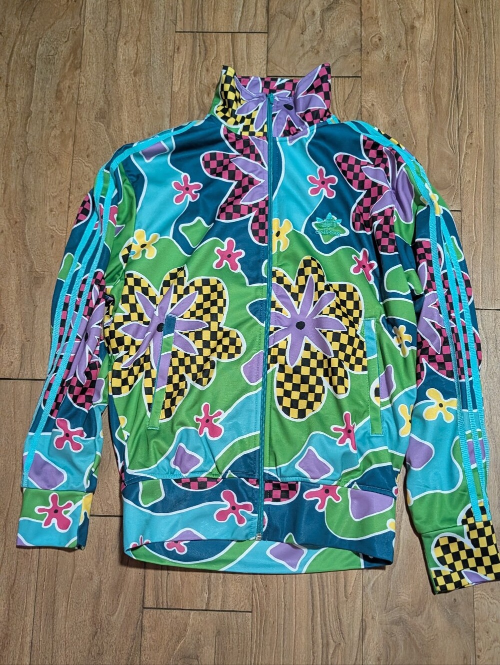 Jeremy Scott Turquoise & Green Floral Checkerboard Bomber Jacket
